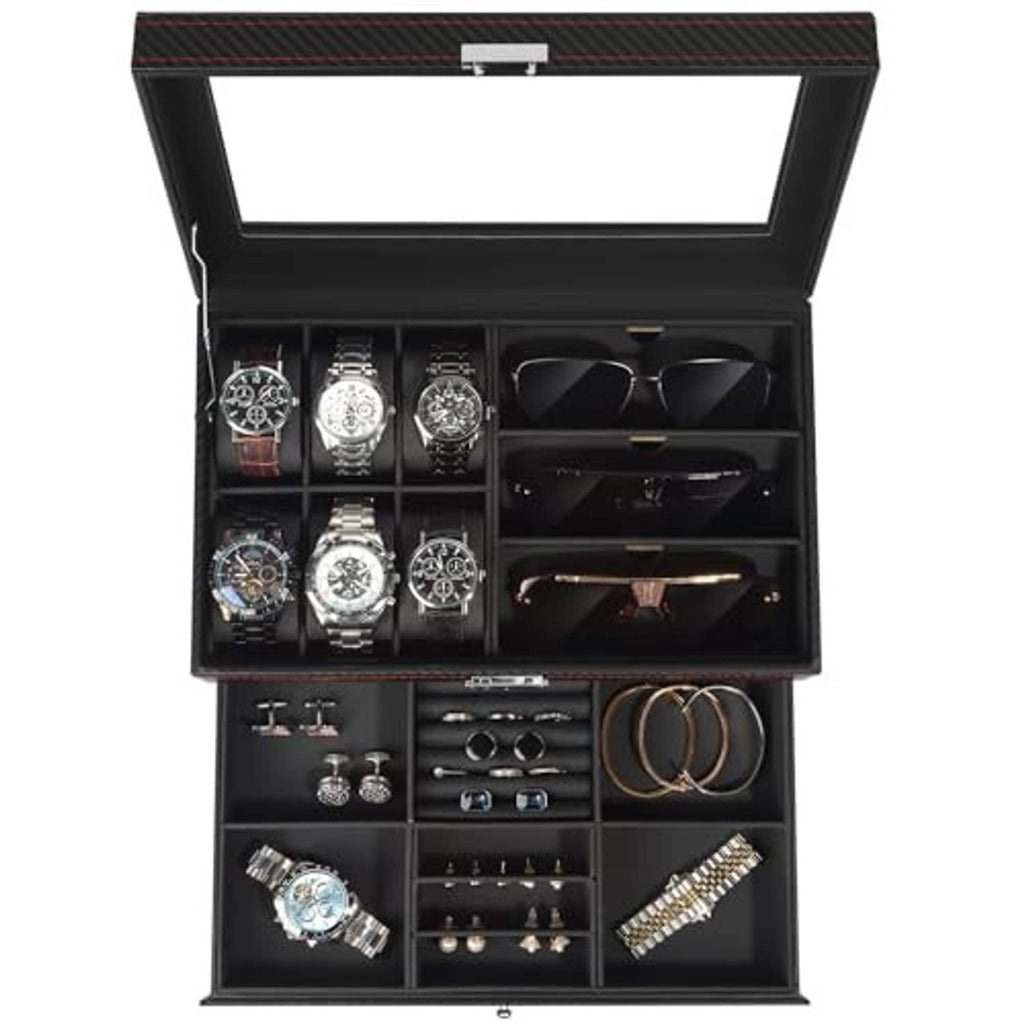 Open black watch and jewelry organizer with 6 watch slots and glasses holders