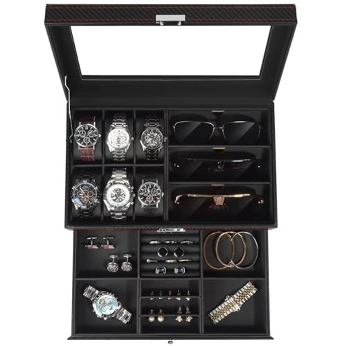 Open black watch and jewelry organizer with 6 watch slots and glasses holders