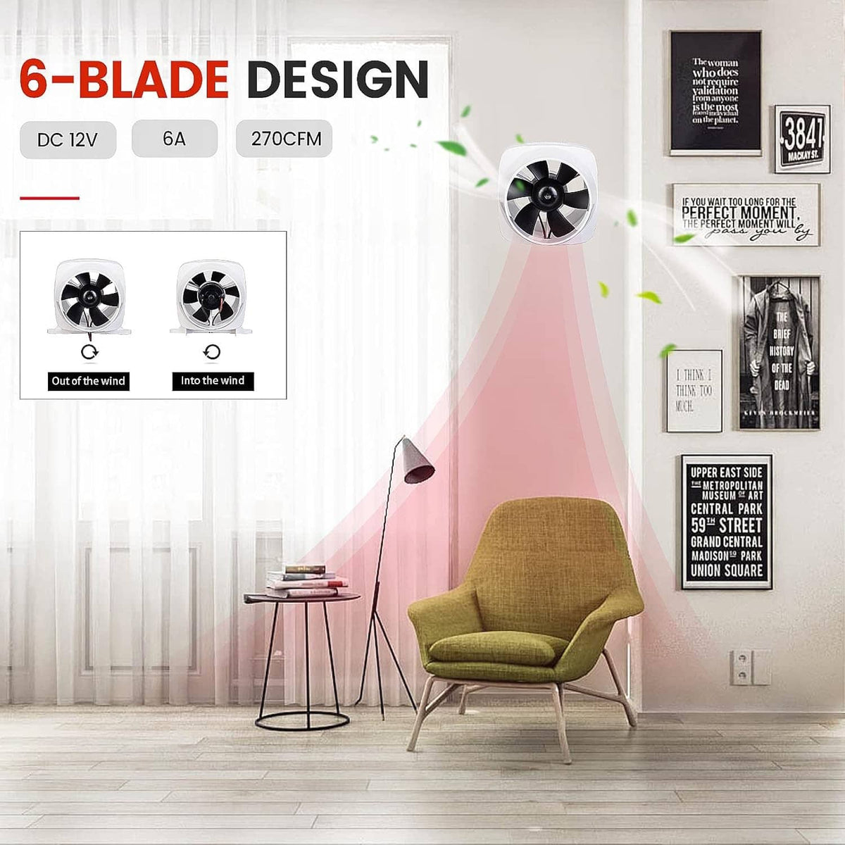 White 6-blade in-line bilge air blower with airflow direction graphic