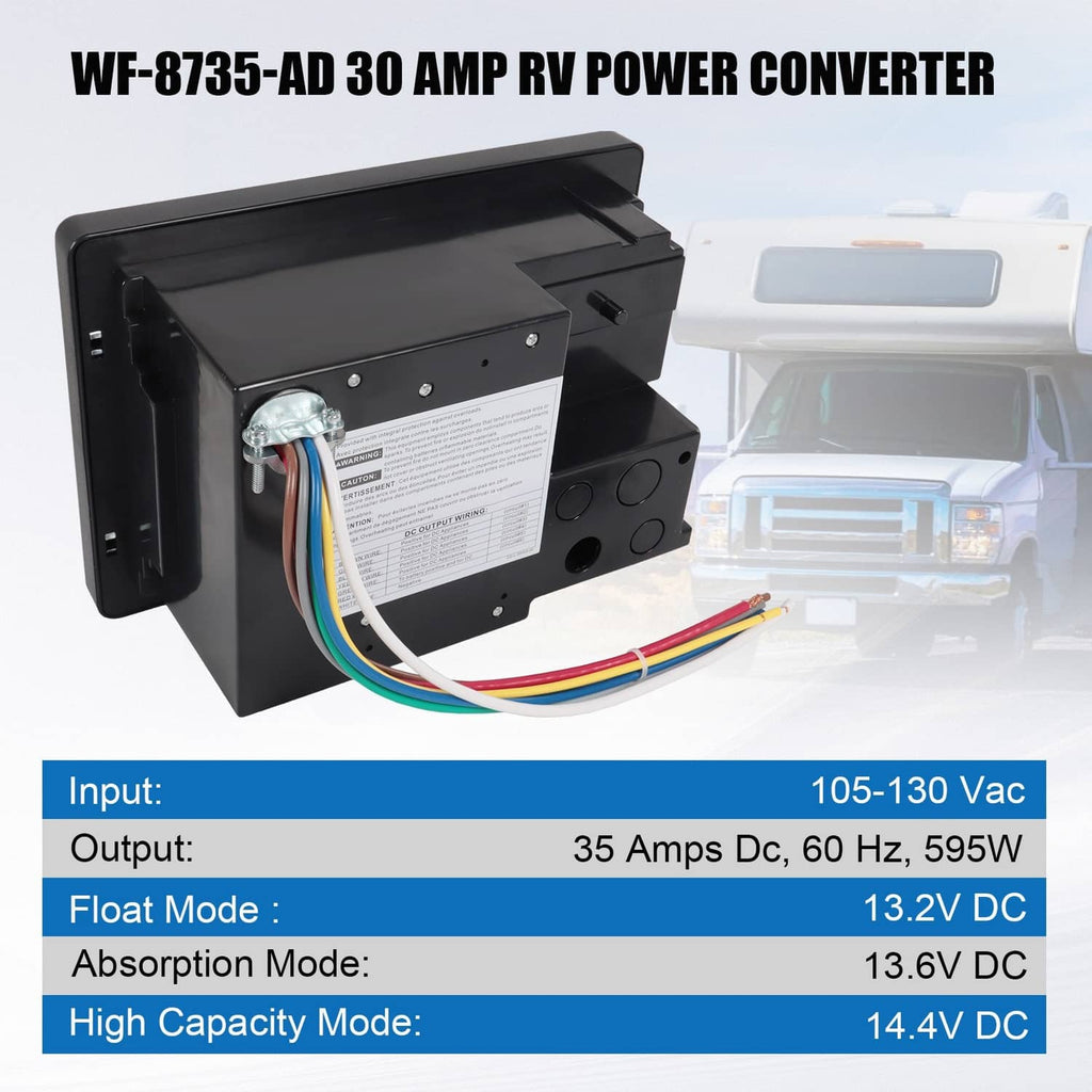 RV power converter with open wiring compartment and cooling fan, ready for installation
