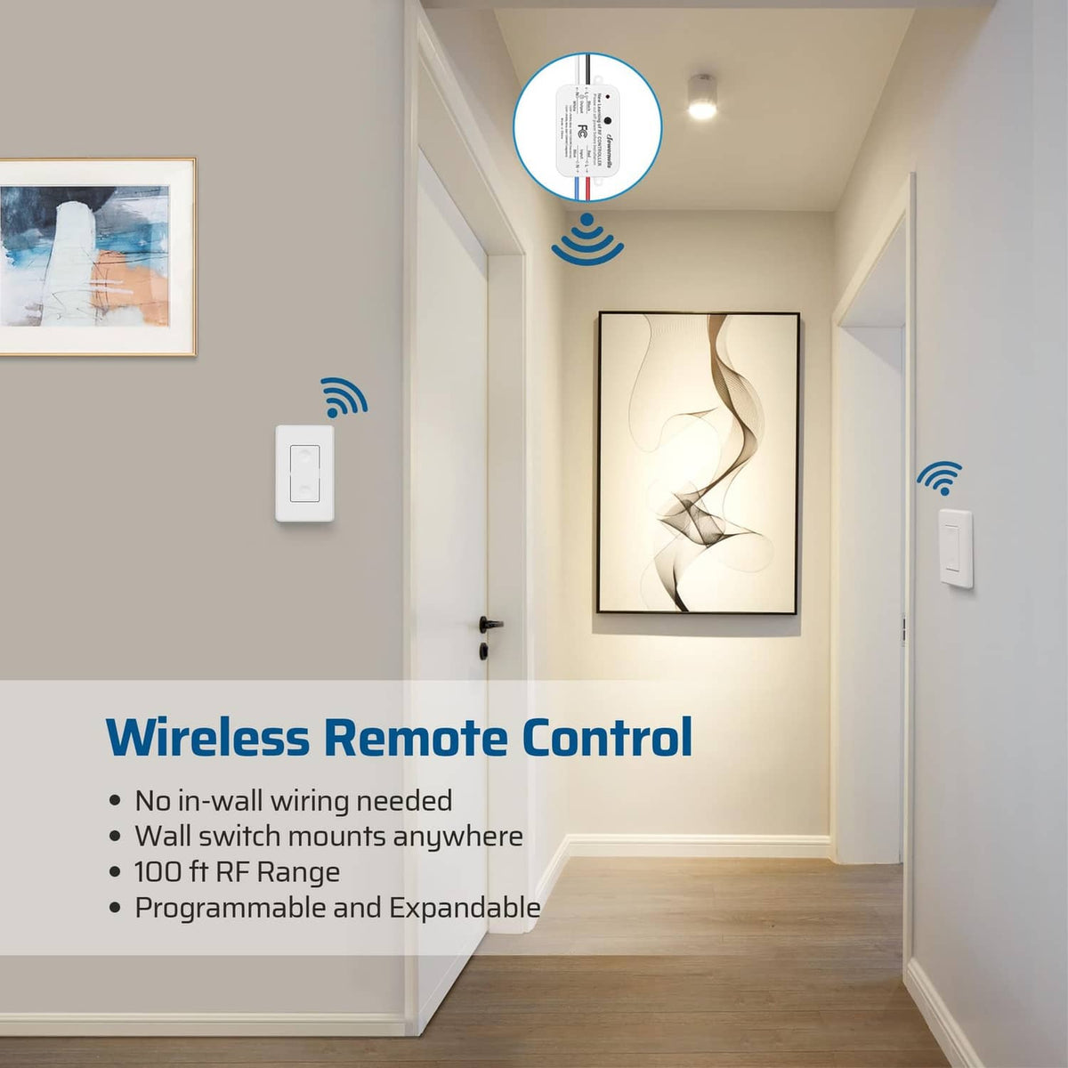 Wireless wall switch with ON/OFF button mounted in a hallway