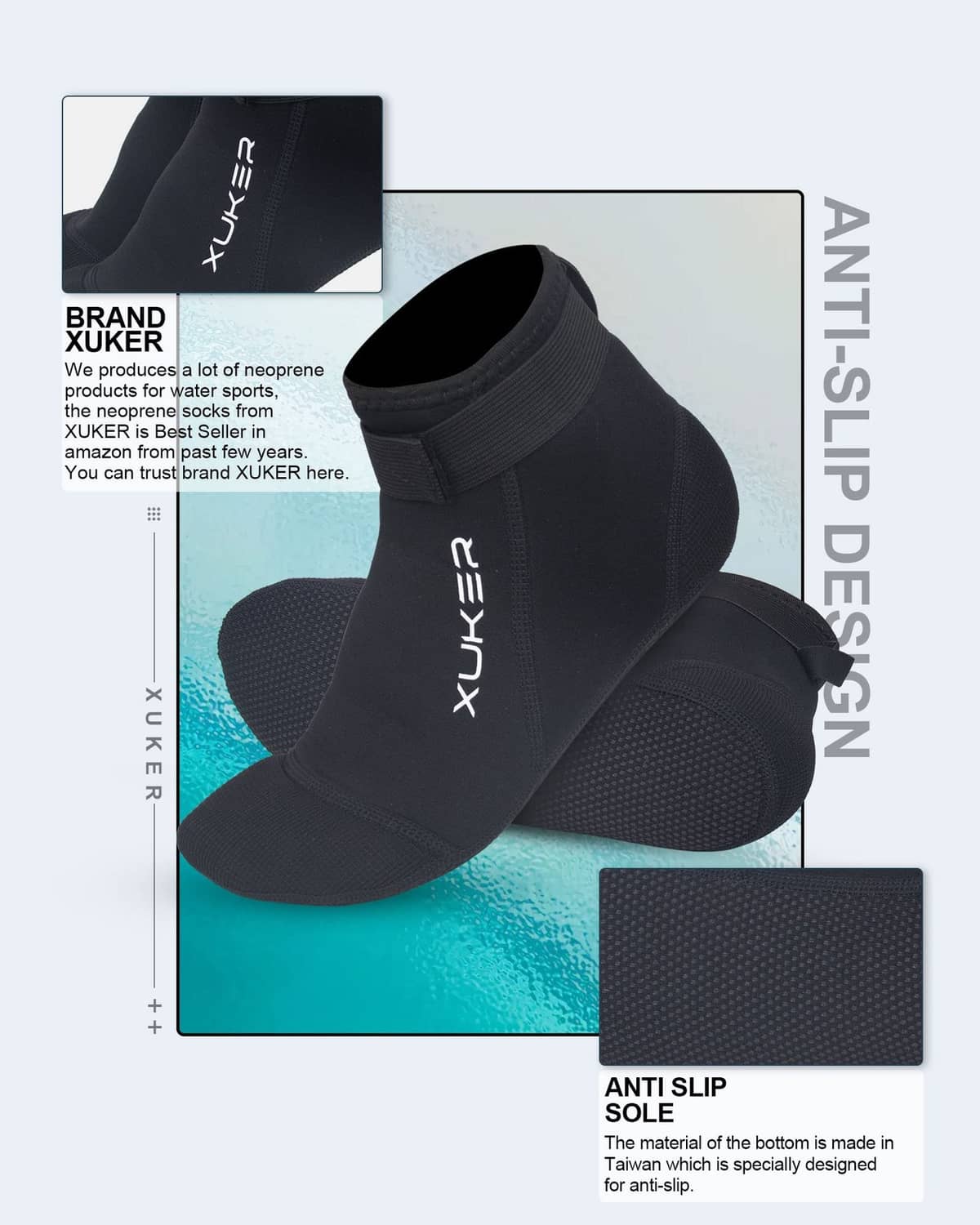 Black neoprene socks with XUKER logo and anti-slip textured bottom