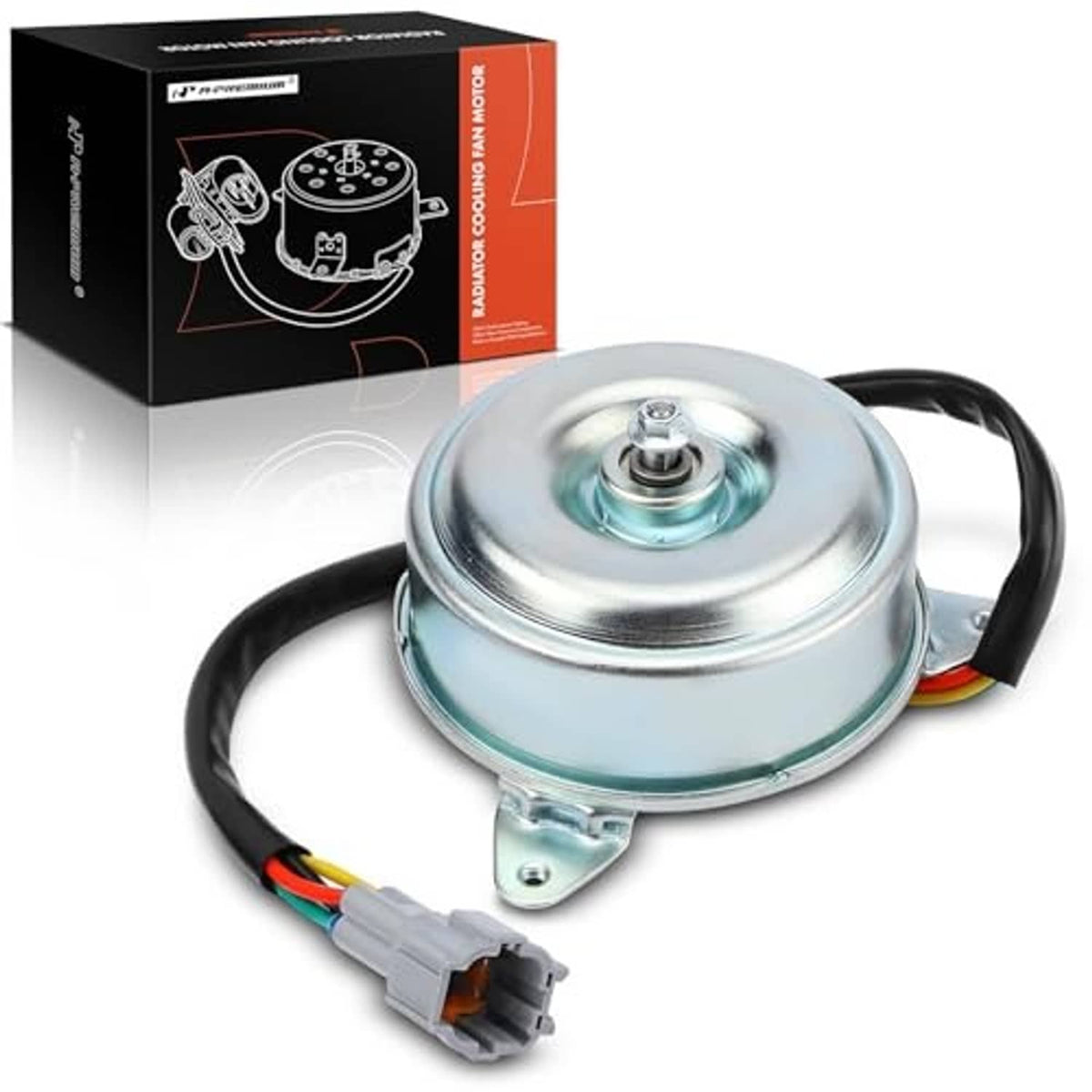 Radiator fan motor with silver housing and black cable wiring connector, front view