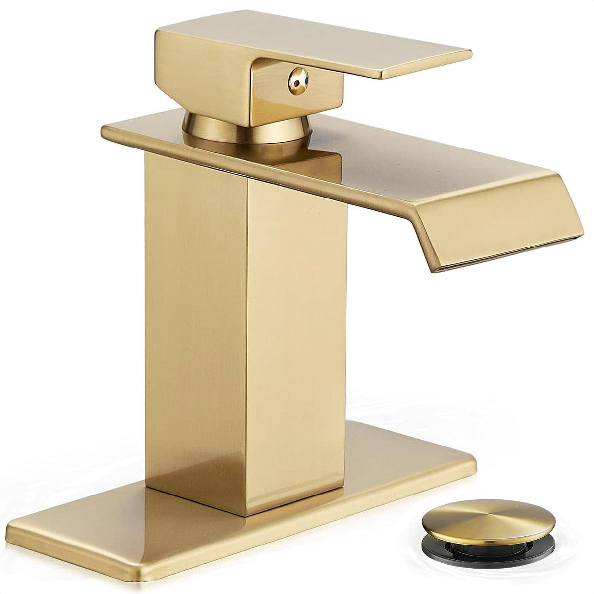 Brass gold single-handle bathroom faucet with rectangular waterfall spout and deck base