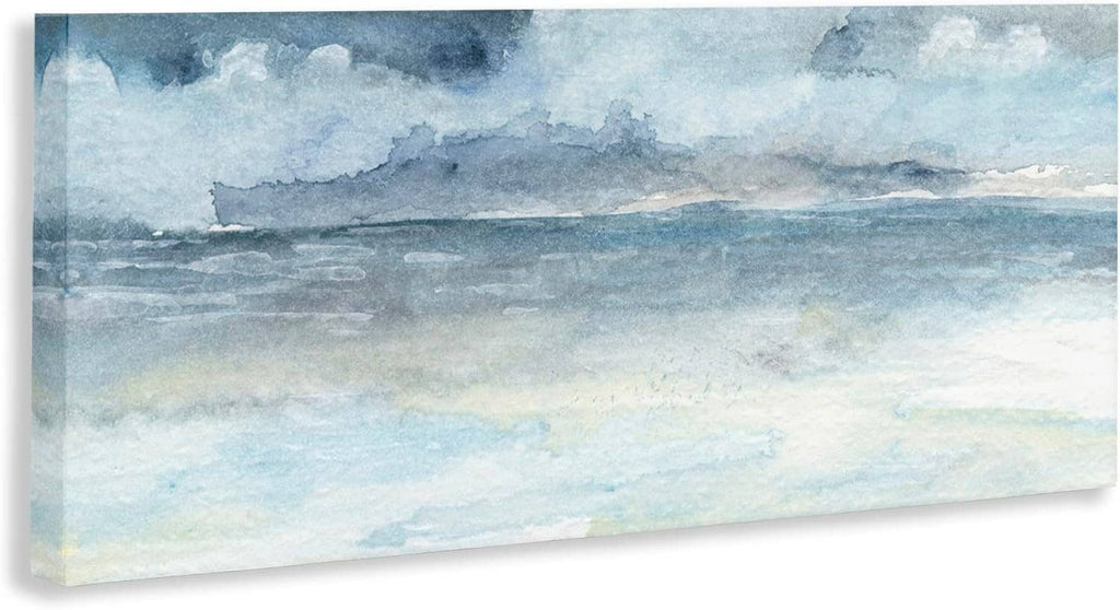 Blue-gray cloudy ocean waves canvas wall art with misty horizon and wave lines