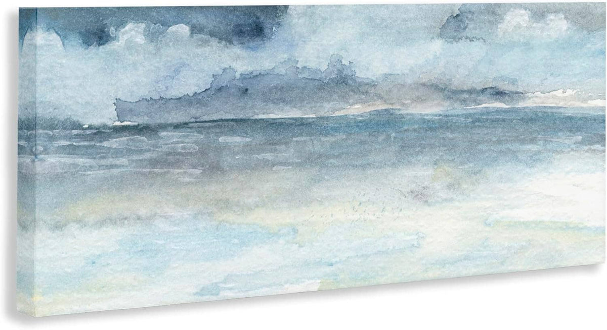 Blue-gray cloudy ocean waves canvas wall art with misty horizon and wave lines