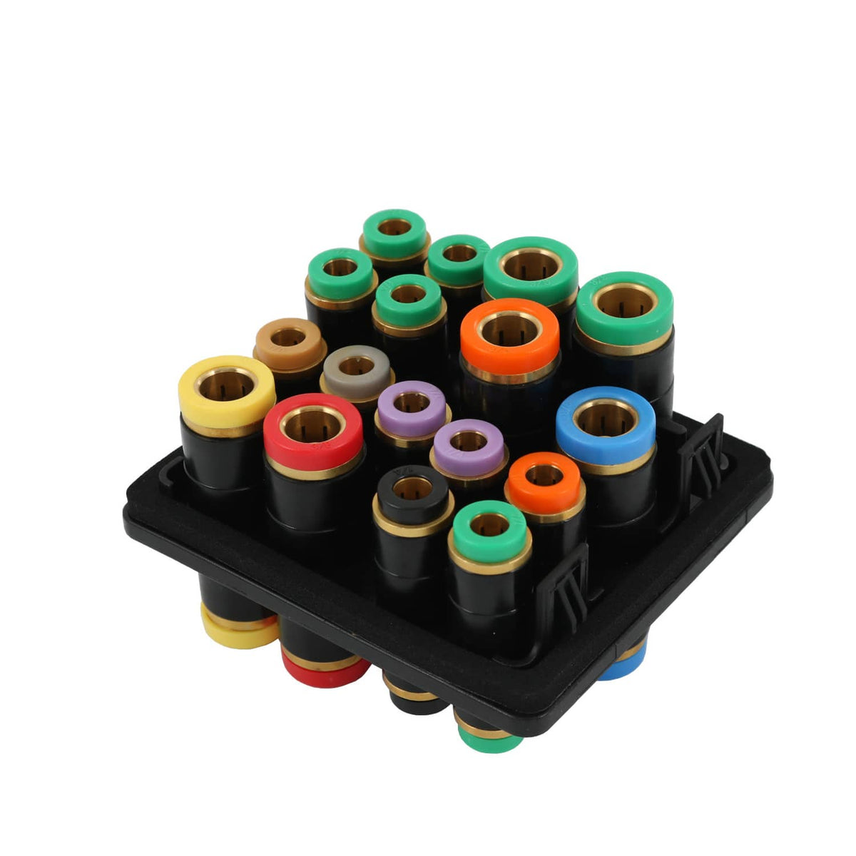 Air manifold connector block angled view with multicolor fittings on black base