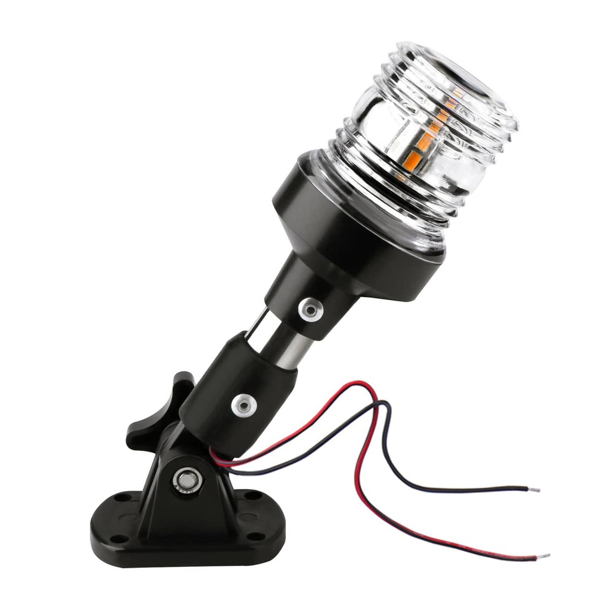 Boat stern light with clear chrome LED lens and black mount base, white LED