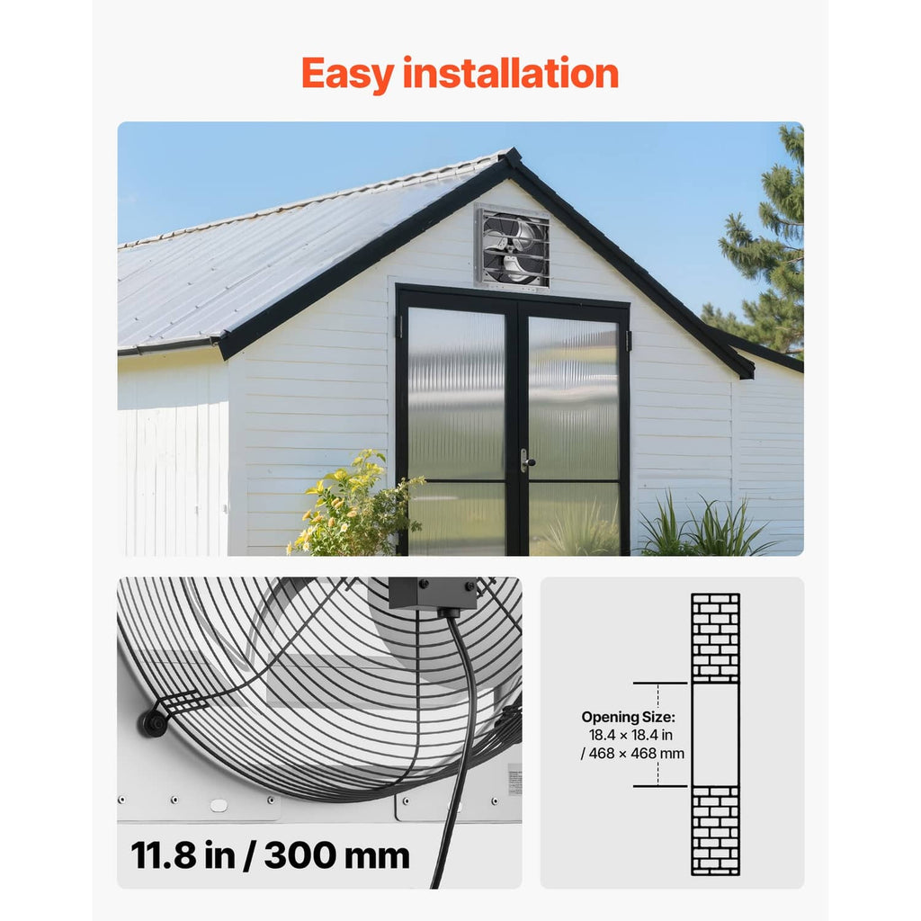 Wall-mounted exhaust fan on a house roof with exterior louver grille