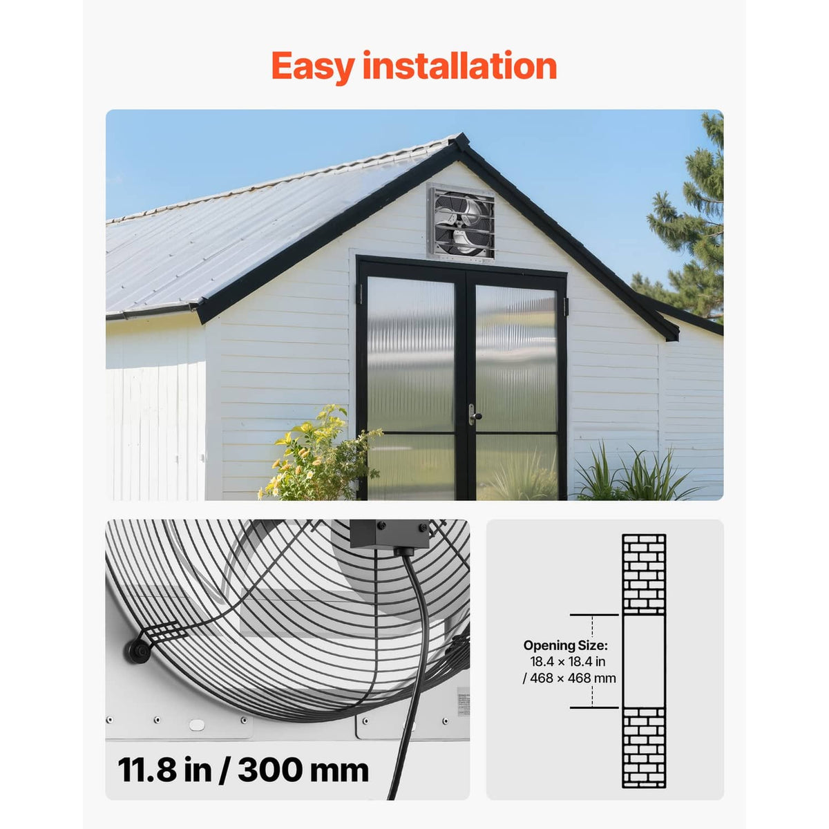 Wall-mounted exhaust fan on a house roof with exterior louver grille