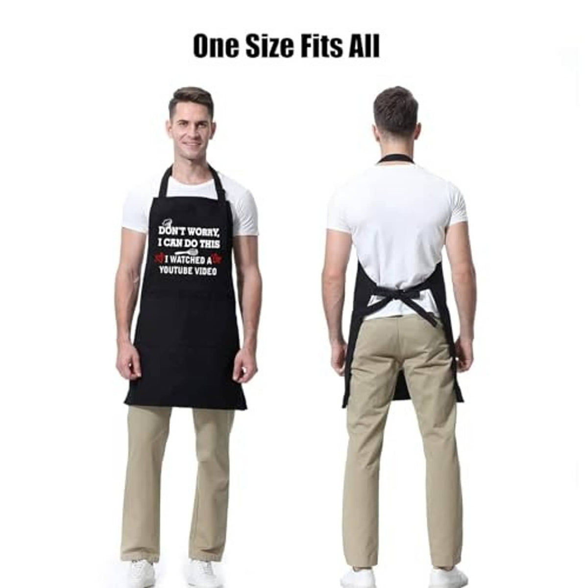 Black apron with adjustable neck strap and long waist ties, one-size-fits-all view.