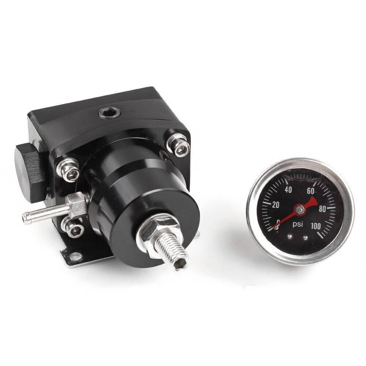 Fuel pressure regulator with pressure gauge and threaded ports for fuel lines
