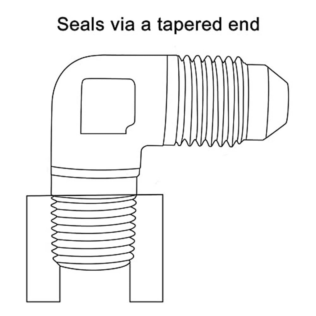 Cutaway of 90-degree elbow fitting showing tapered-end seal