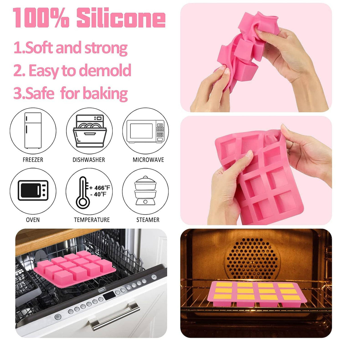 Silicone wax melts mold set in pink silicone with flexible square cavity tray