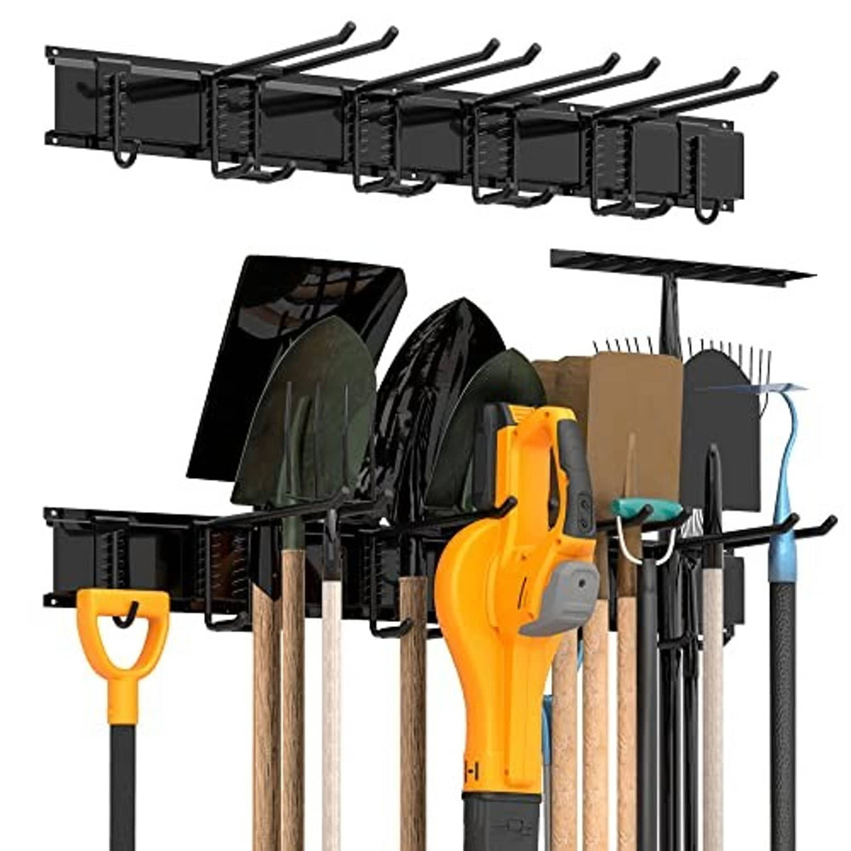 Black wall tool rack with long hooks holding tools and accessories