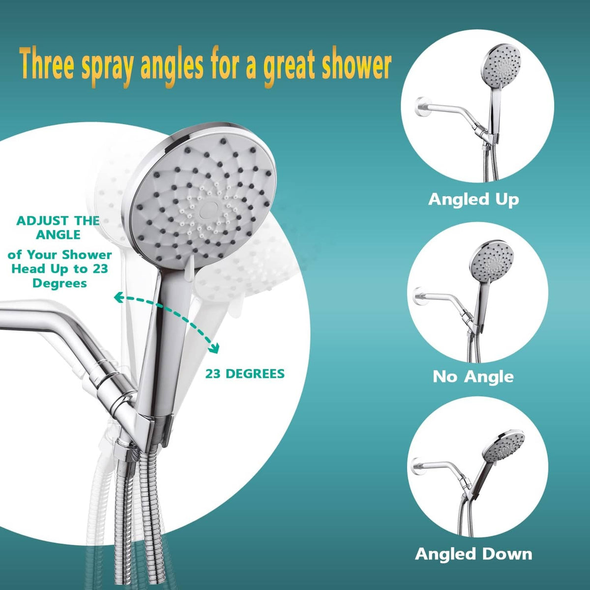 Chrome shower head holder with pivot ball for angled shower head positioning