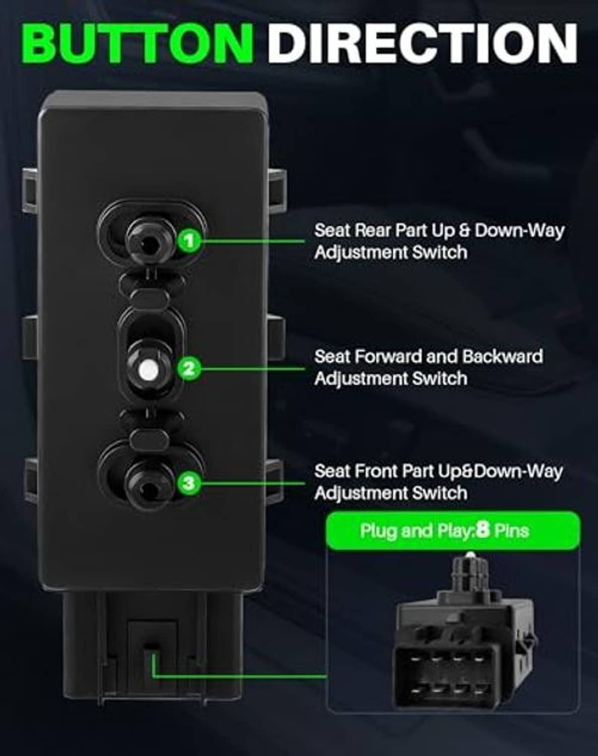 Black seat adjustment switch with button directions and 8-pin connector shown