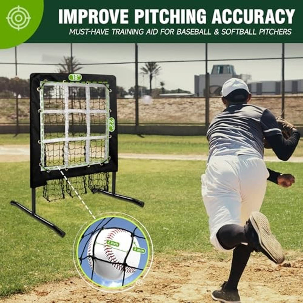 Adjustable pitching net with white strike-zone target on black frame