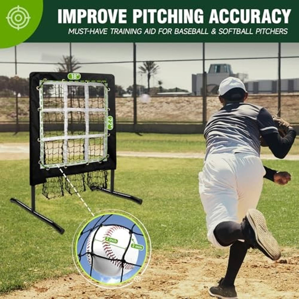 Adjustable pitching net with white strike-zone target on black frame