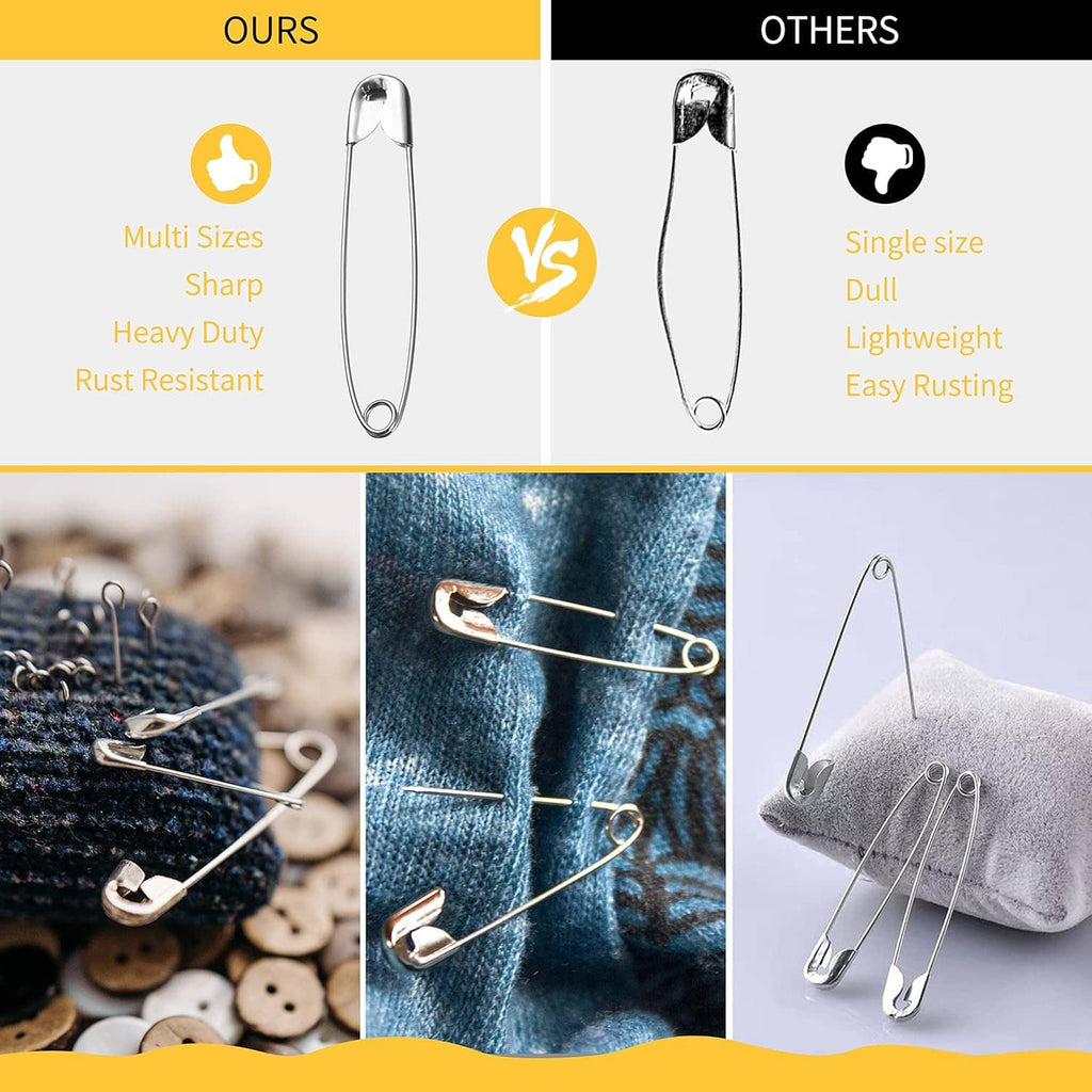 Safety pins comparison graphic showing multi-size sharp heavy-duty rust-resistant design