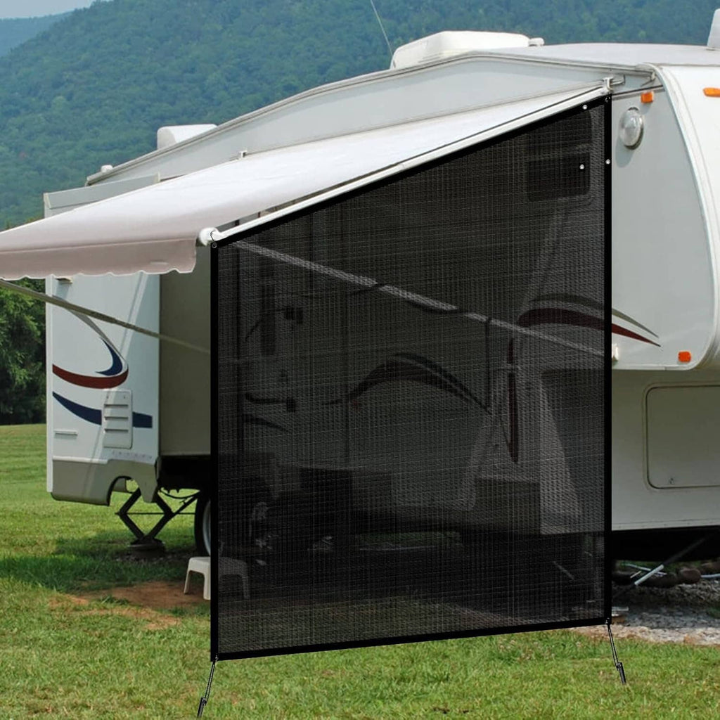 Black RV awning side shade screen with mesh panel and attached metal frame