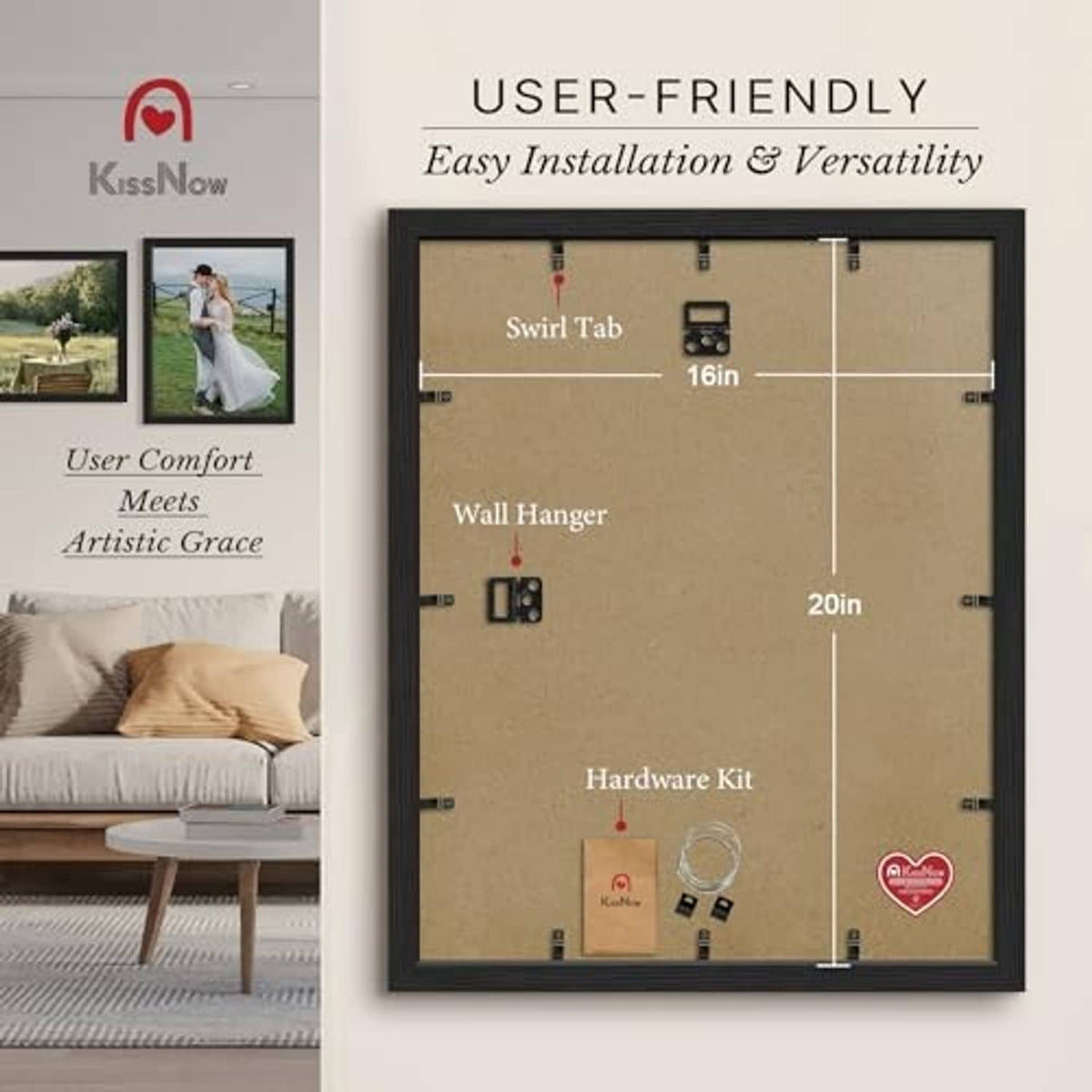 Black 16x20 wall-mount picture frame with hardware kit and mounting points