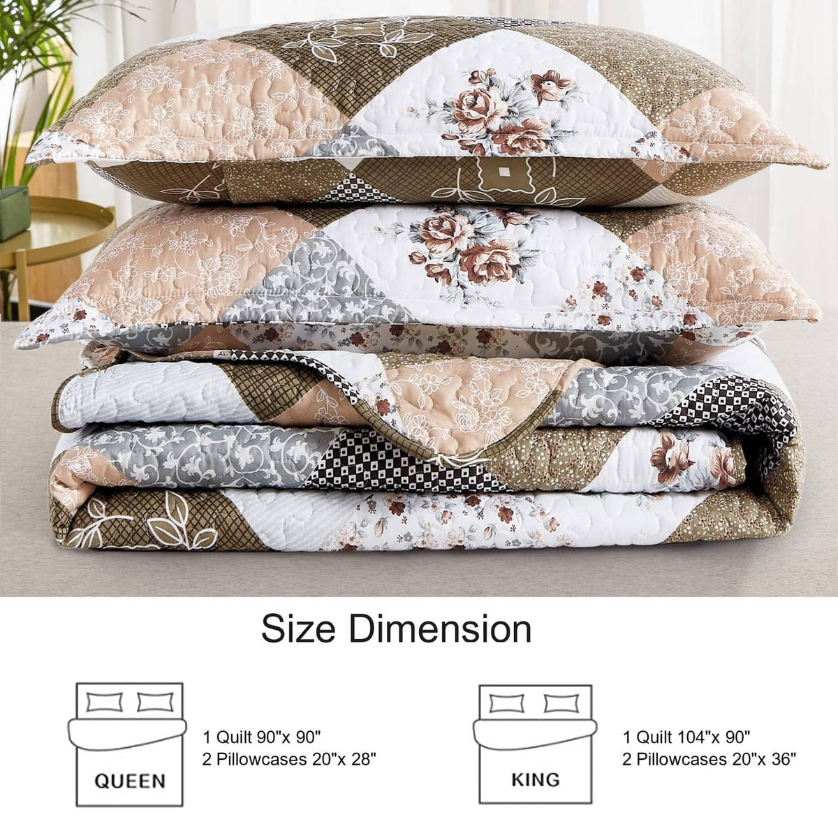 Stacked reversible quilt set in brown, tan, and white patchwork floral blocks for twin