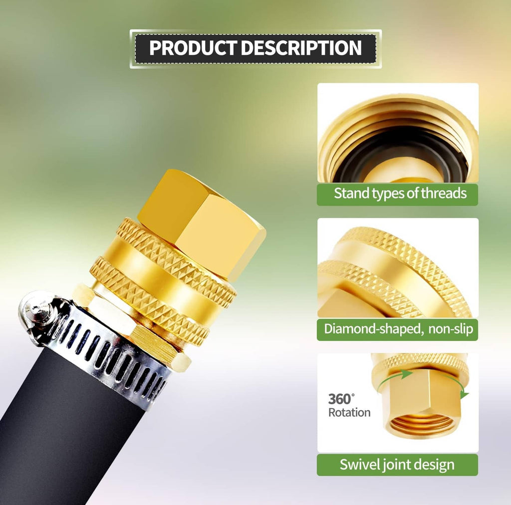 Brass garden hose connector with diamond knurled grip and hex threaded coupling