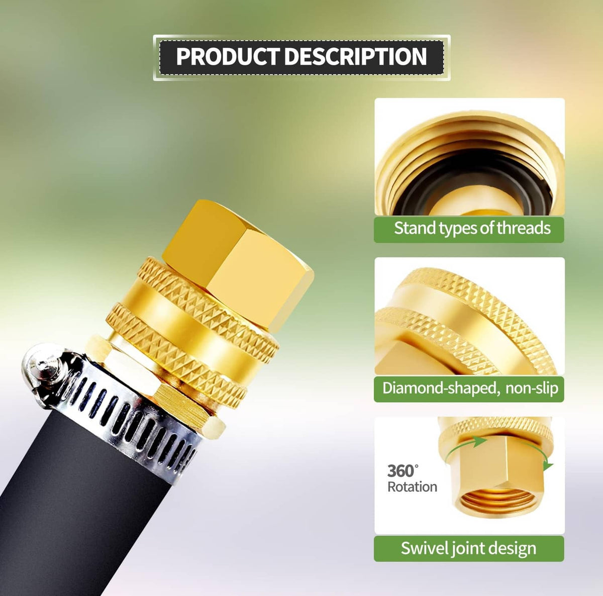 Brass garden hose connector with diamond knurled grip and hex threaded coupling