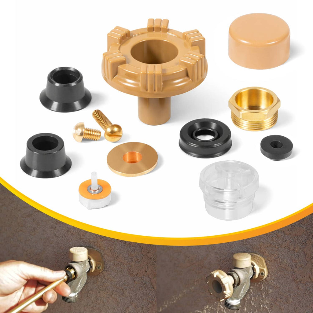 Wall hydrant metal handle repair kit parts with brass handle base, threaded fitting, and seals