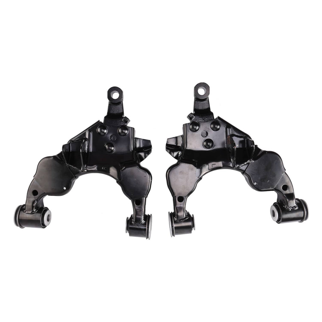 Front lower control arms pair, black stamped steel with wheel-side and frame-side mounts