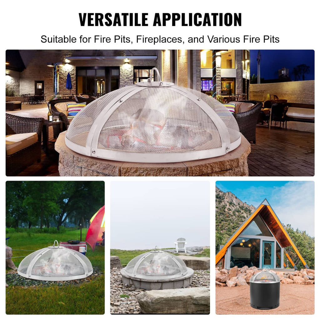 Round firepit spark screen cover with mesh dome and central handle