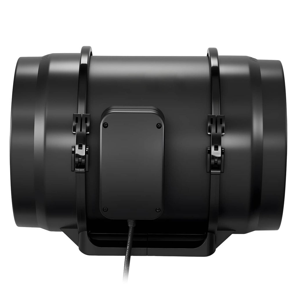 Black inline duct fan front view with mounting brackets and control cover