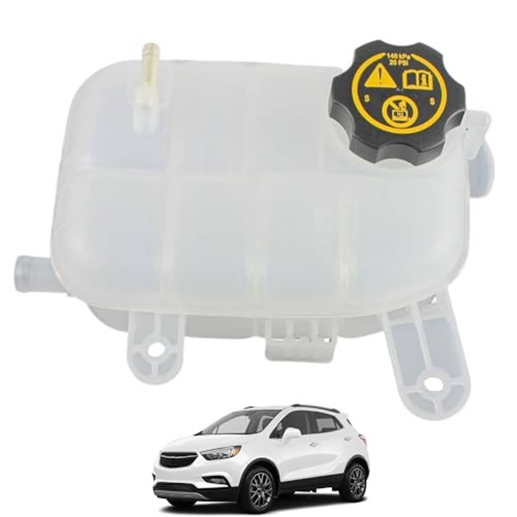 Engine coolant overflow reservoir tank with black cap and translucent white body