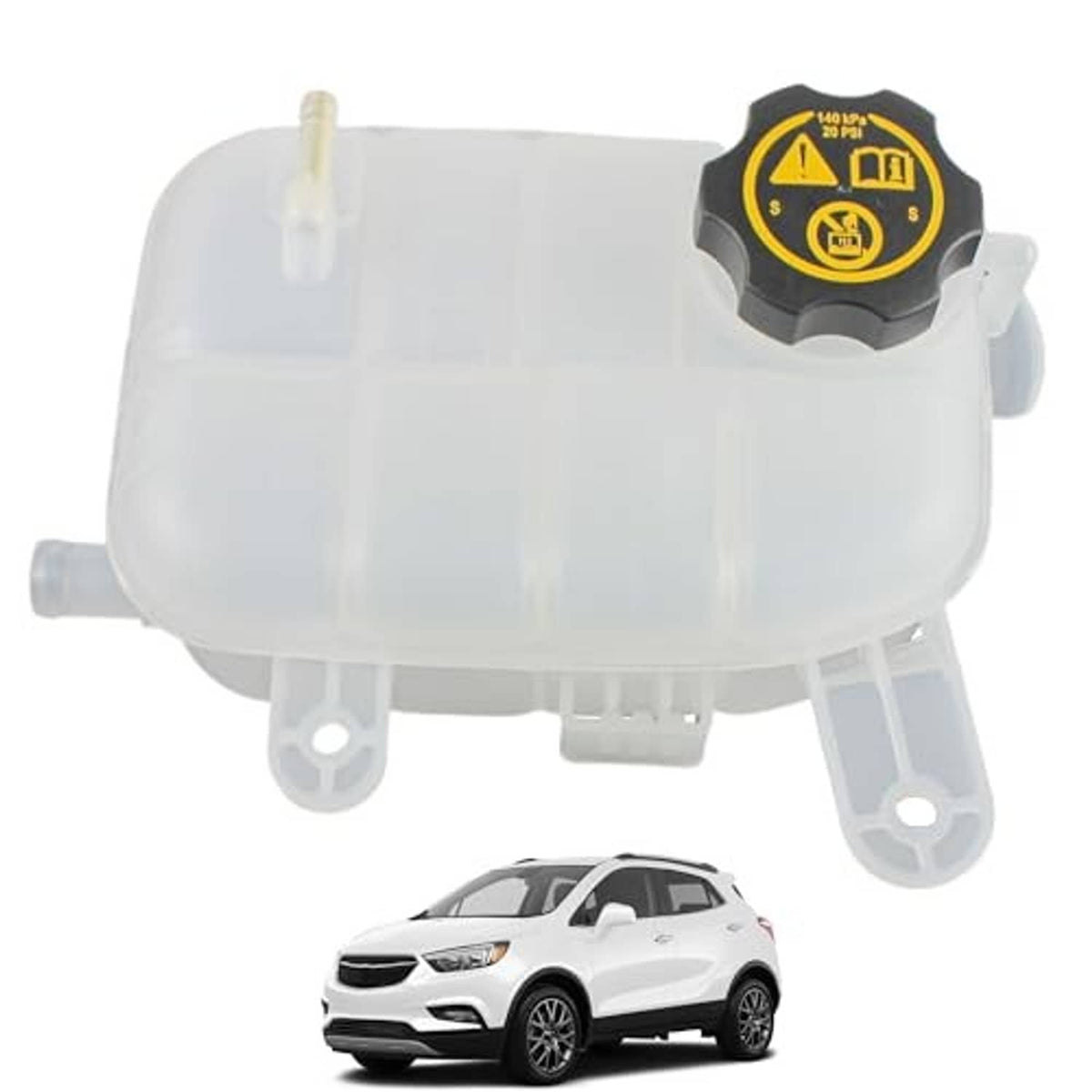 Engine coolant overflow reservoir tank with black cap and translucent white body