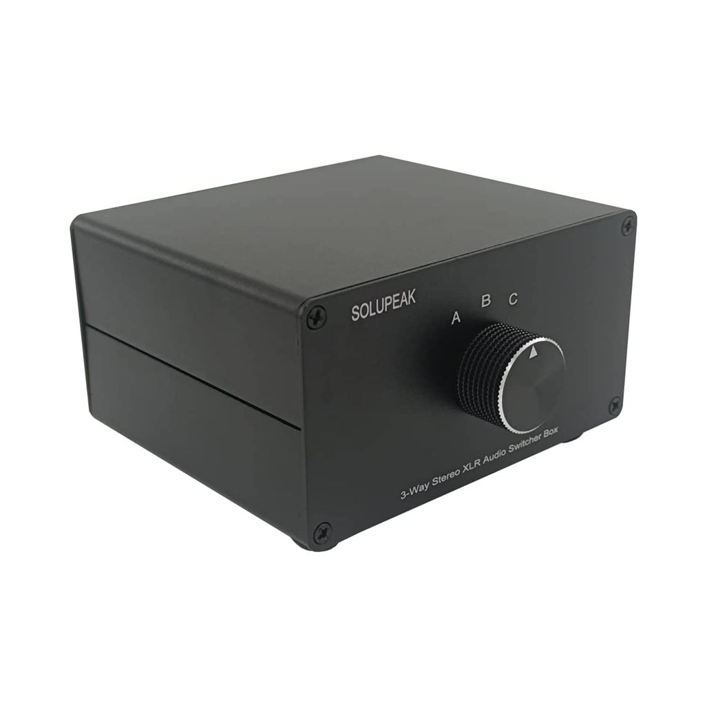 SOLUPEAK XLR audio switch box side view with A/B/C selector knob