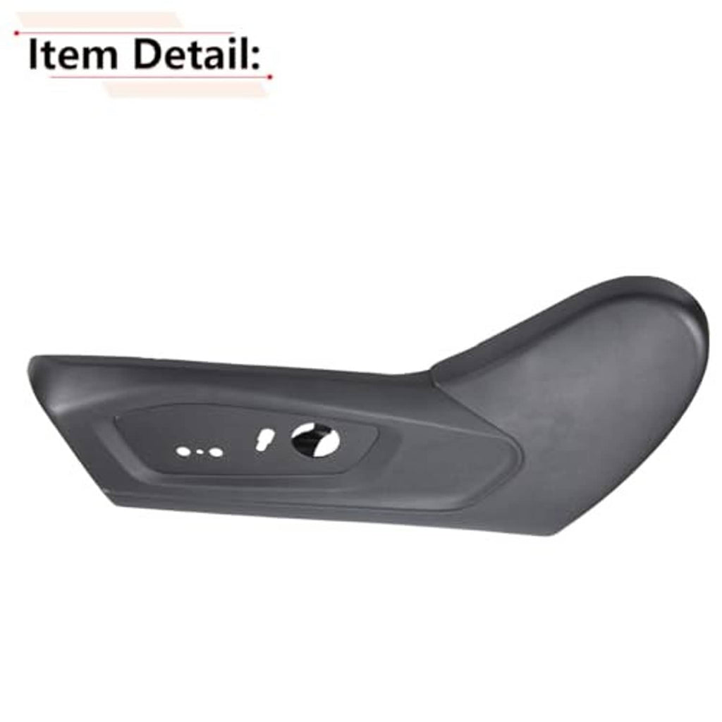 Driver side seat trim cover, dark gray with recessed switch panel and round knob opening