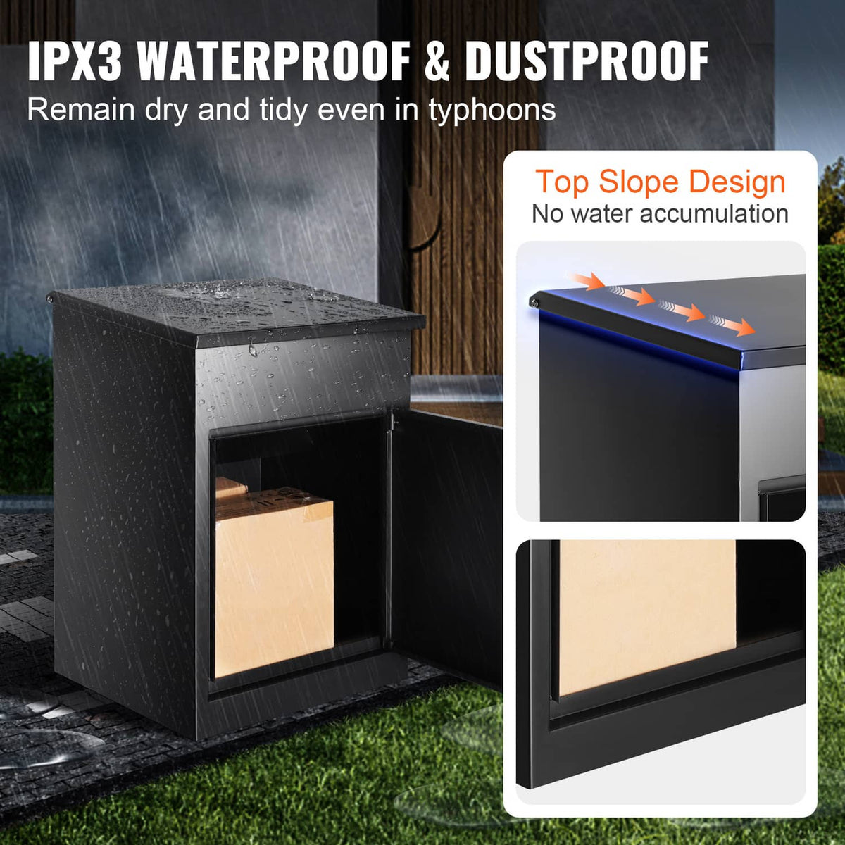 Outdoor mailbox with sloped top design for rain runoff, coded lock front