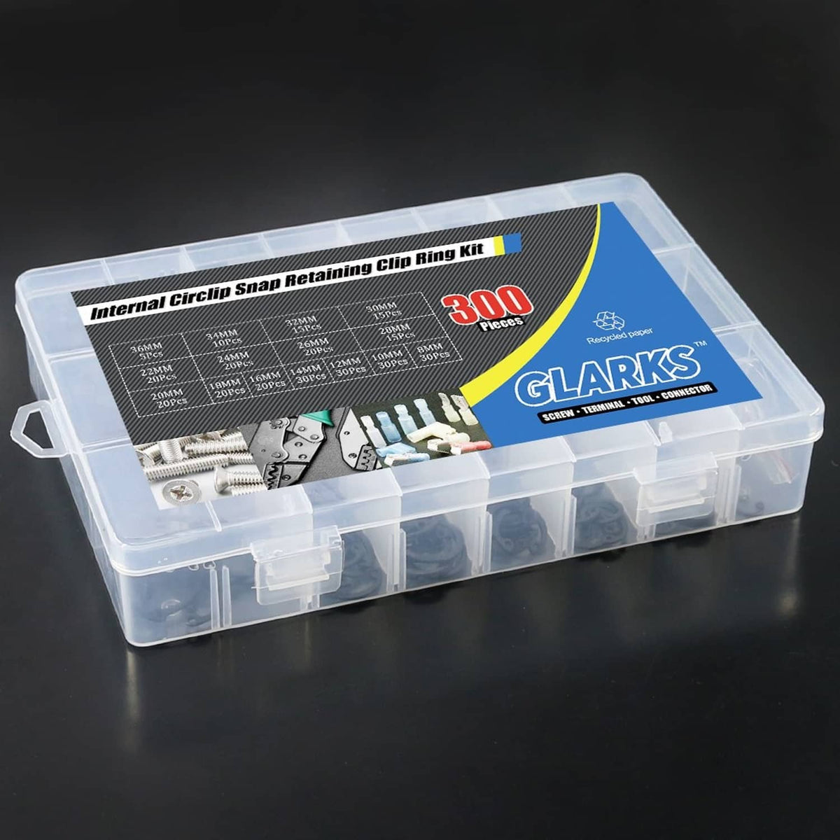 Glarks internal circlip snap retaining ring kit in clear plastic box
