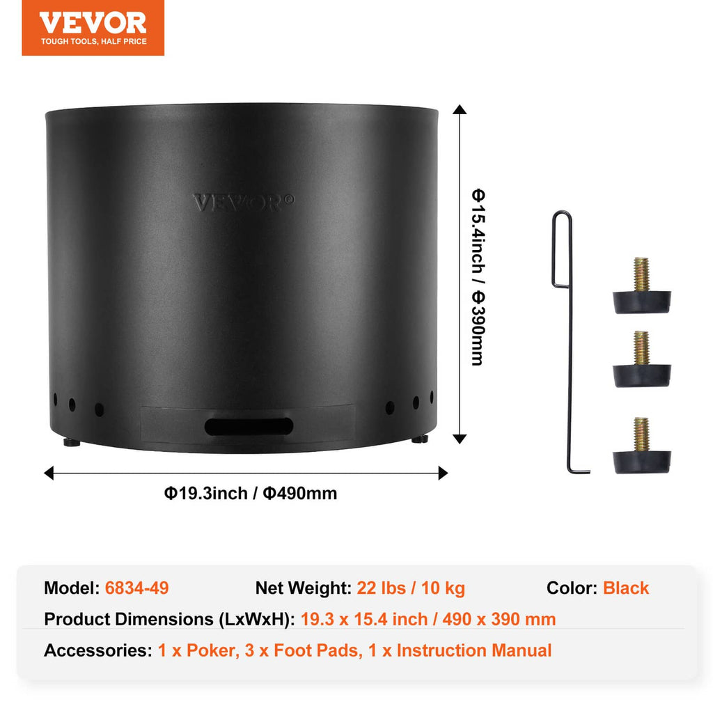 VEVOR round smokeless fire pit stove with included foot pads and poker hardware