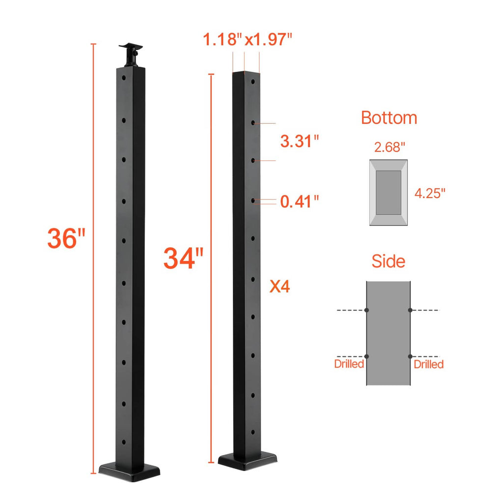 Black cable railing post with base measurements and drilled holes, horizontal-hole.