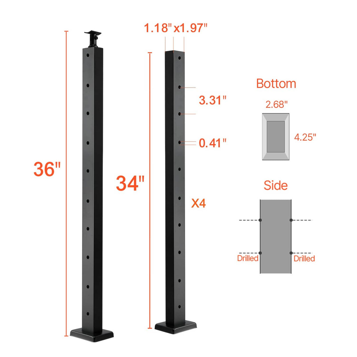 Black cable railing post with base measurements and drilled holes, horizontal-hole.