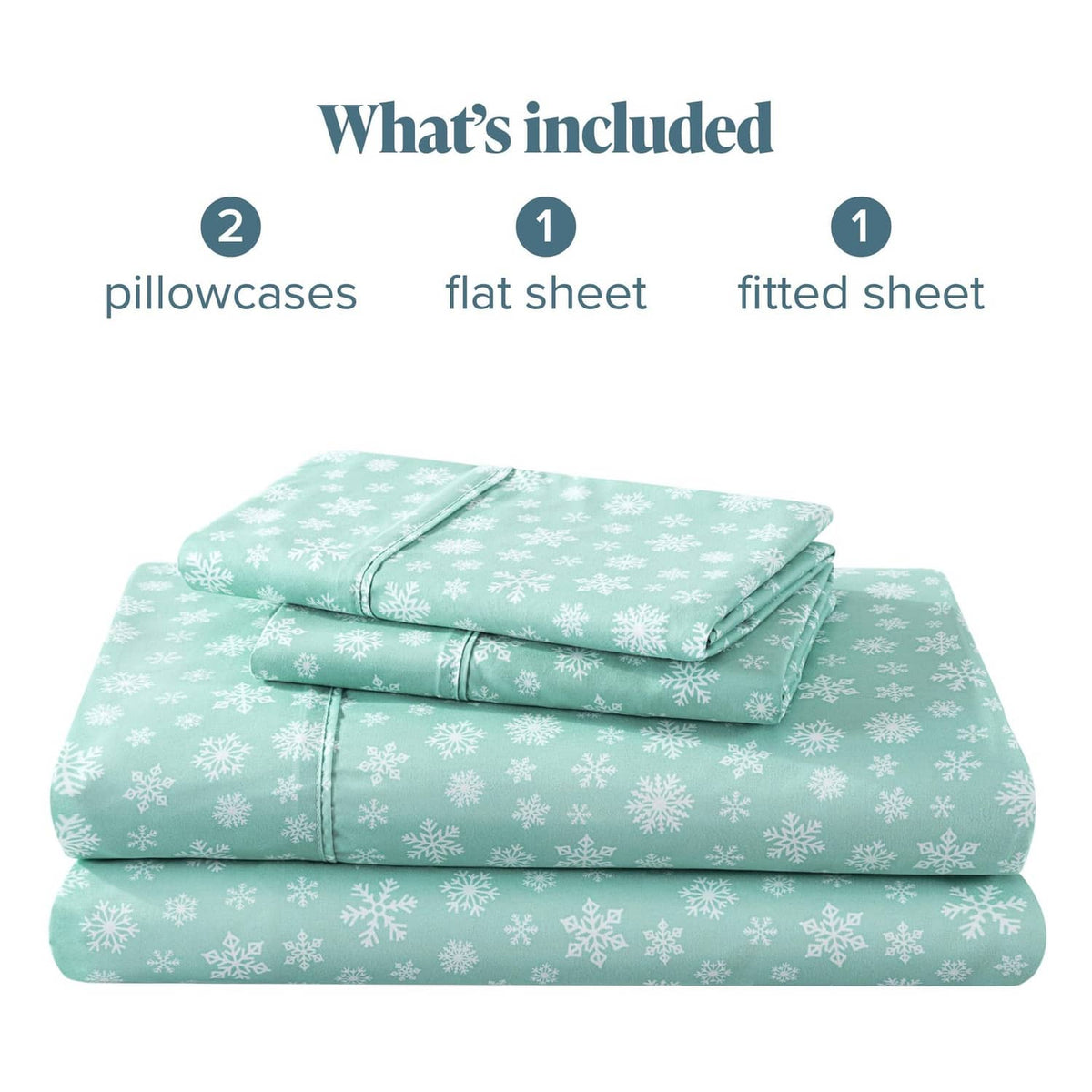 Teal snowflake bed sheet set includes fitted sheet, flat sheet, and 2 pillowcases