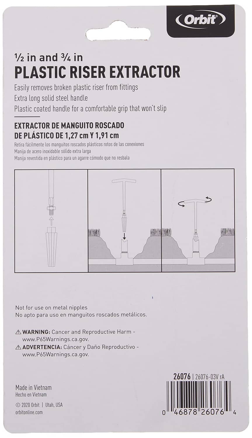 Orbit plastic riser extractor package back with instructions and diagram