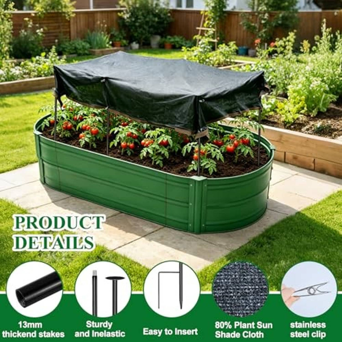 Green raised garden bed covered by dark shade net canopy over seedlings