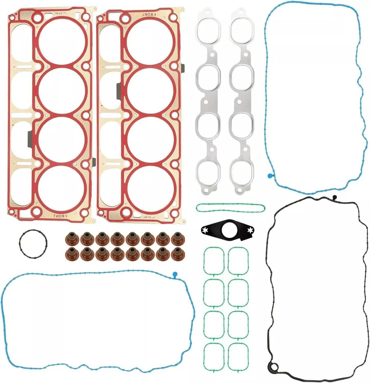 Cylinder head gasket set with valve lifter components, seals, and blue gasket outlines