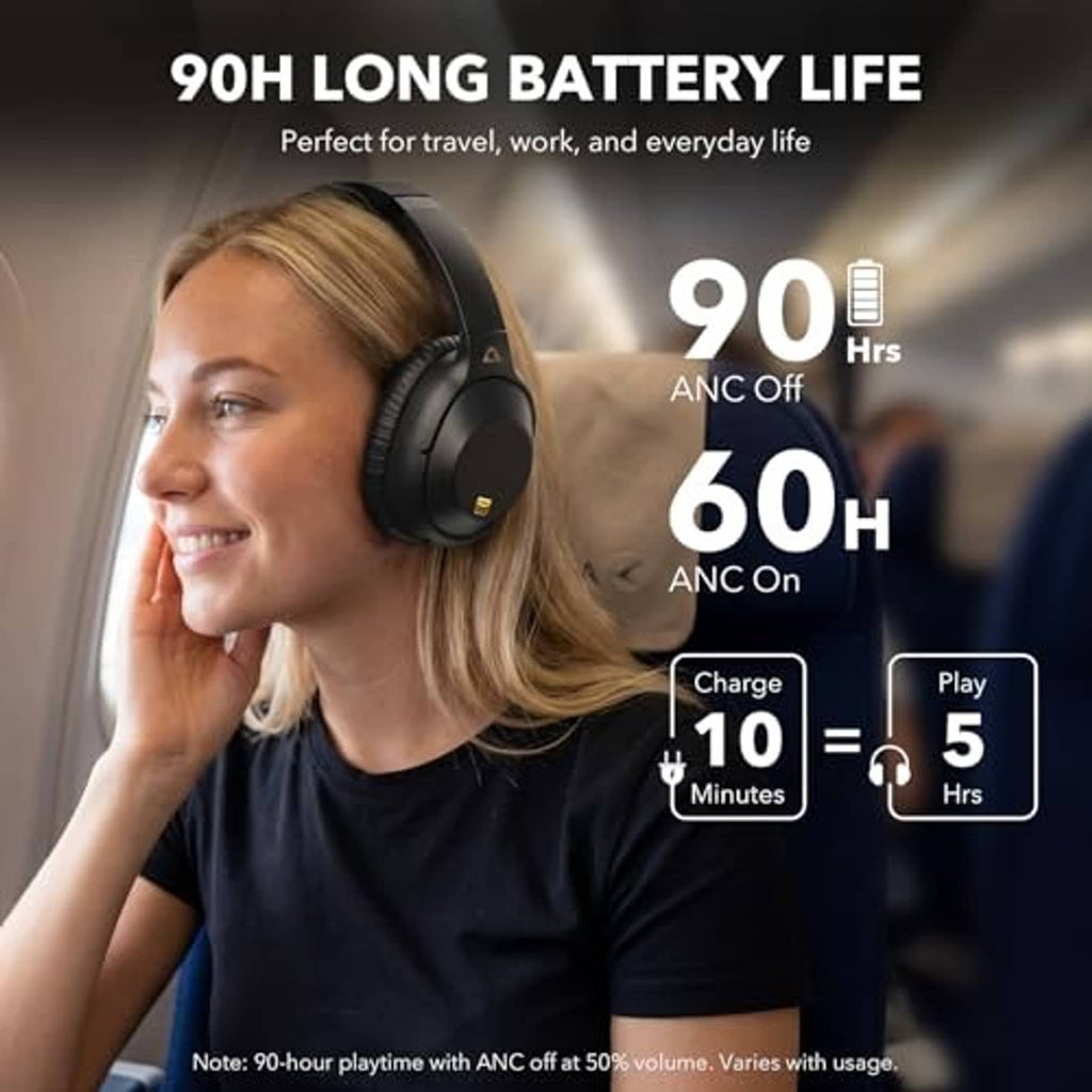 Black over-ear headphones on a person, ear cups covering both ears