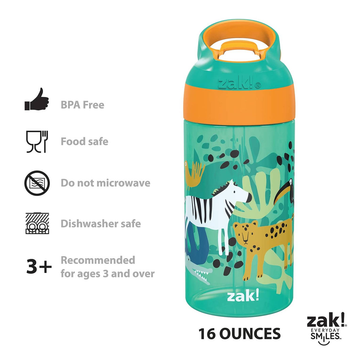Kids teal dinosaur safari water bottle with orange flip spout lid and safari animals