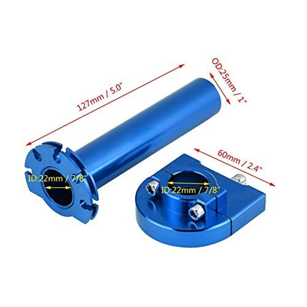 Blue throttle tube with clamp base, showing end opening and top mounting bolts