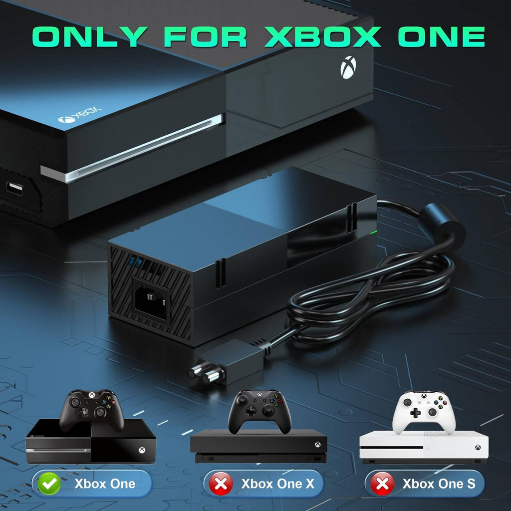 Black Xbox One power supply brick with connected AC cord and DC adapter cable